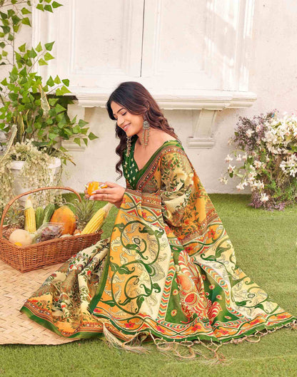 Beige Shimmer Silk Printed Kalamkari Saree 