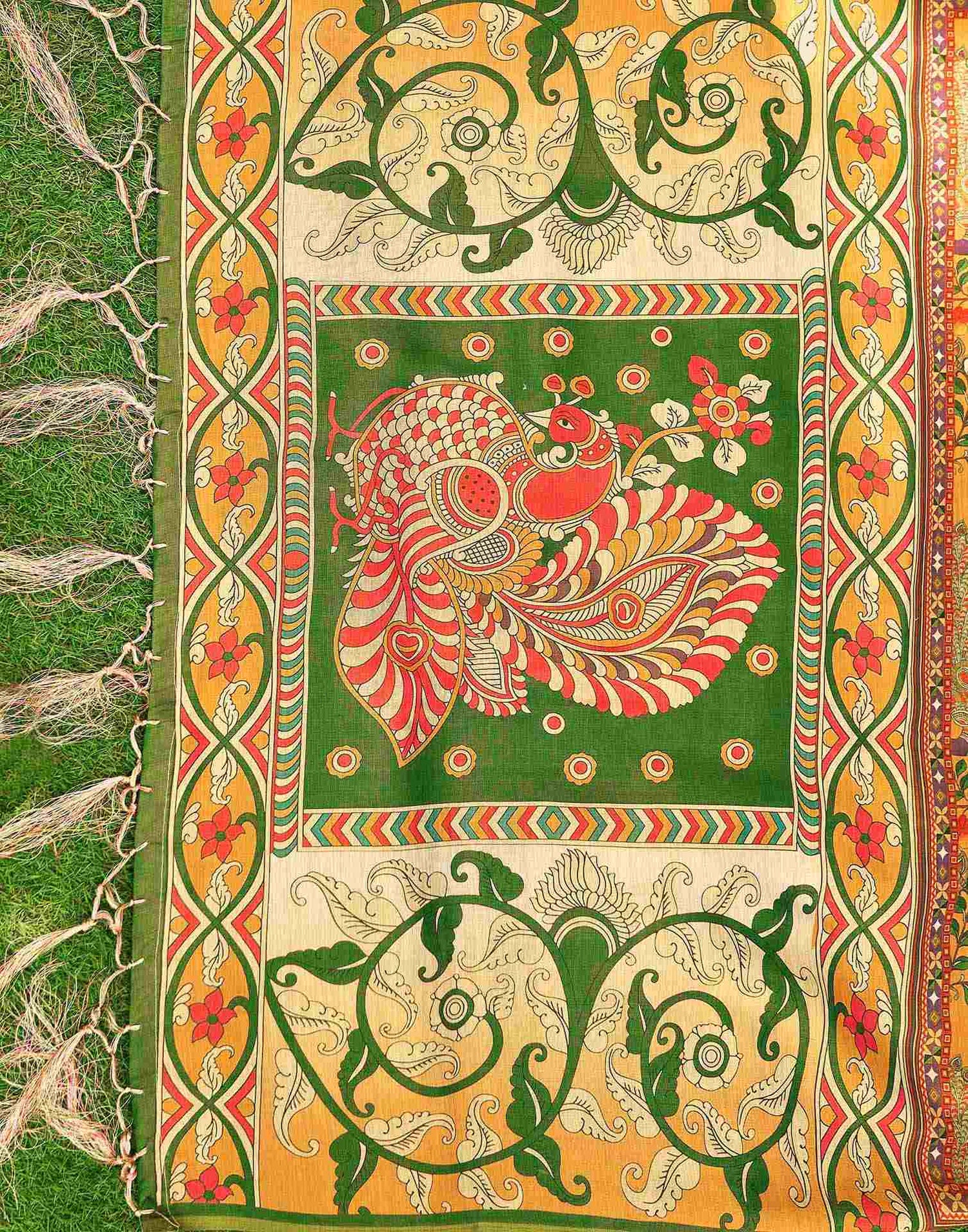 Beige Shimmer Silk Printed Kalamkari Saree 