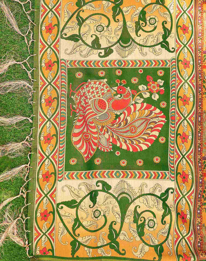 Beige Shimmer Silk Printed Kalamkari Saree 