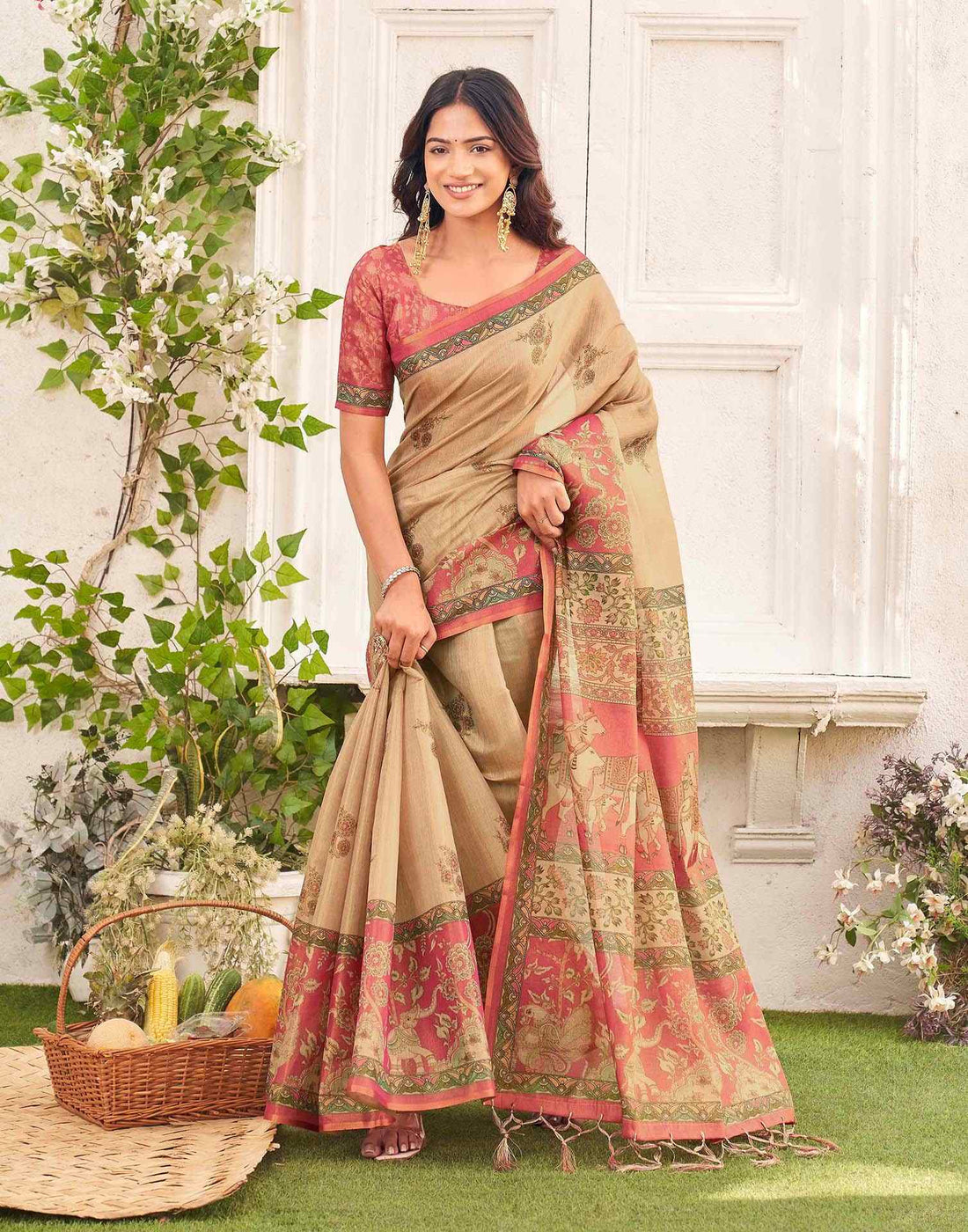 Beige Shimmer Silk Printed Kalamkari Saree 