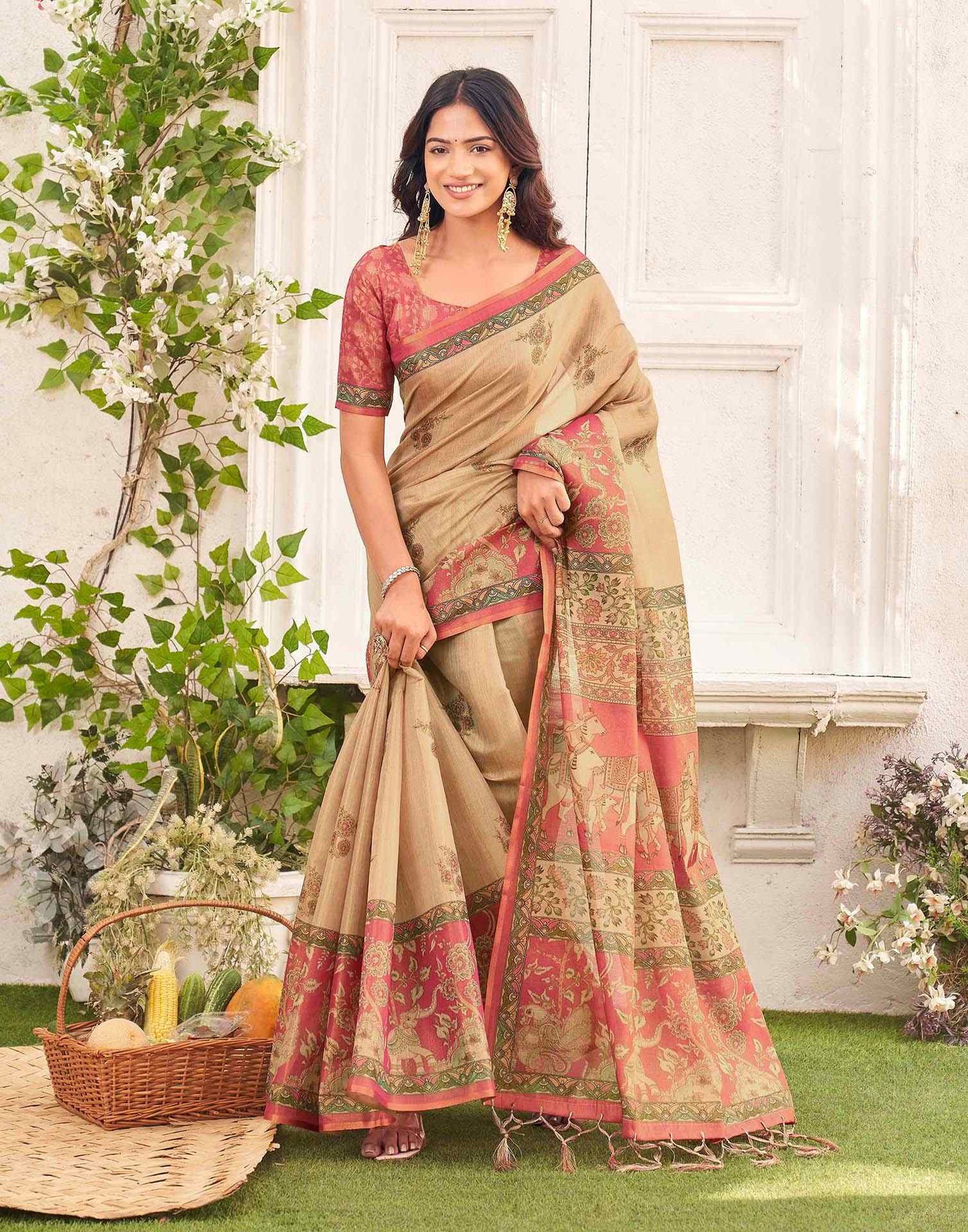 Beige Shimmer Silk Printed Kalamkari Saree 