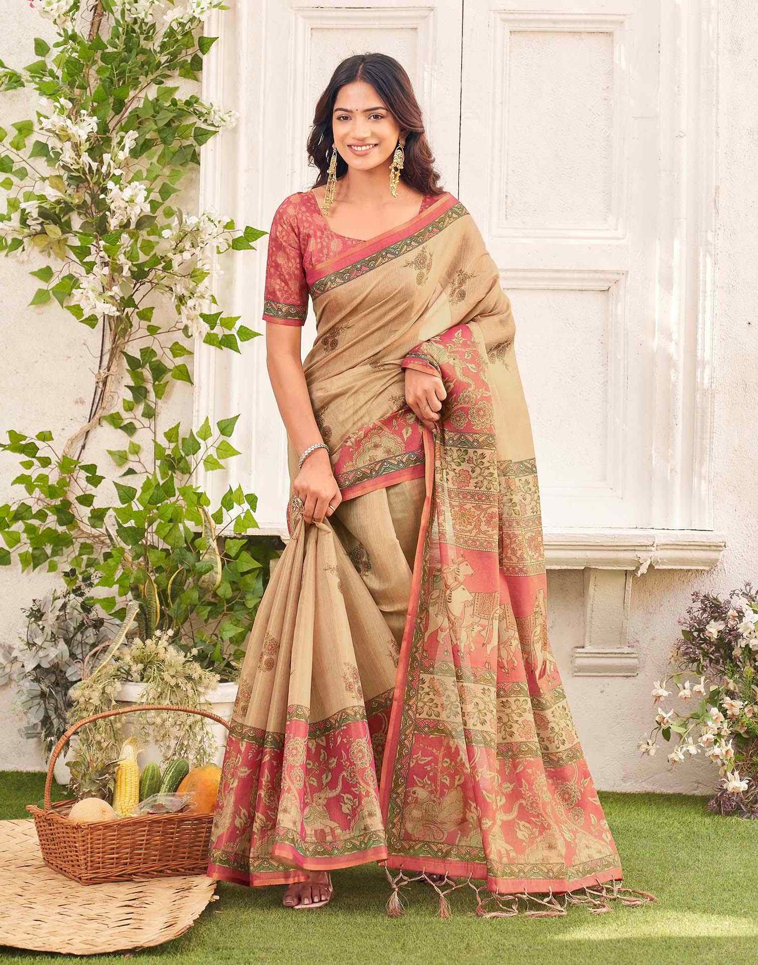 Beige Shimmer Silk Printed Kalamkari Saree 