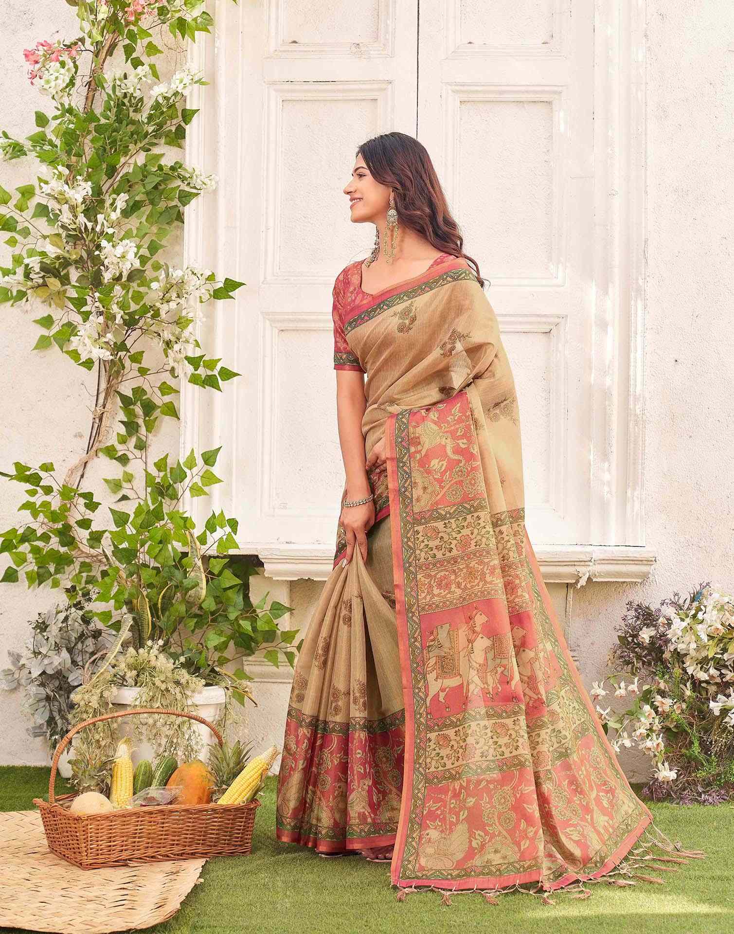 Beige Shimmer Silk Printed Kalamkari Saree 