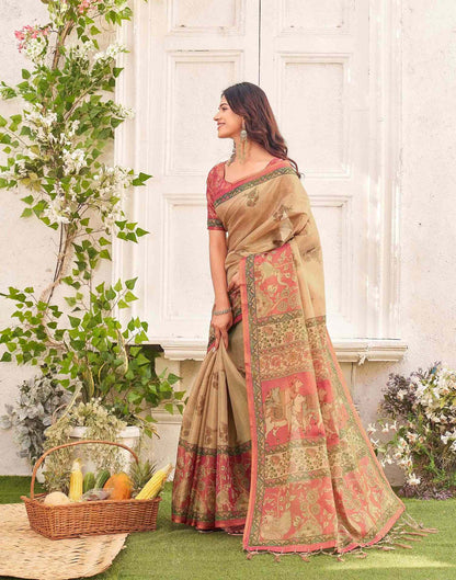 Beige Shimmer Silk Printed Kalamkari Saree 