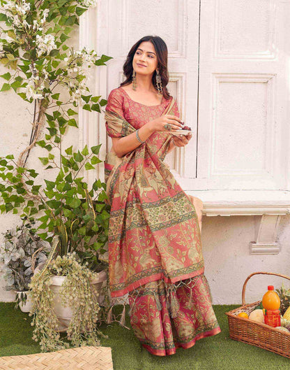 Beige Shimmer Silk Printed Kalamkari Saree 