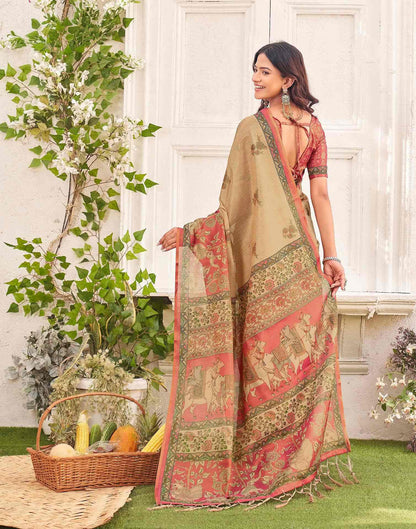 Beige Shimmer Silk Printed Kalamkari Saree 