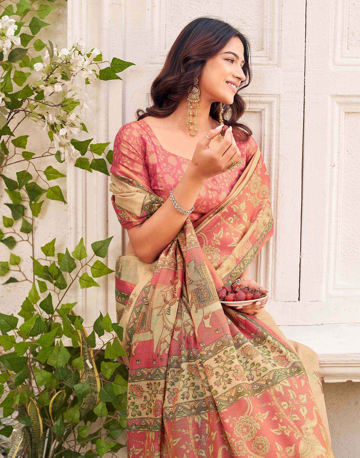 Beige Shimmer Silk Printed Kalamkari Saree 