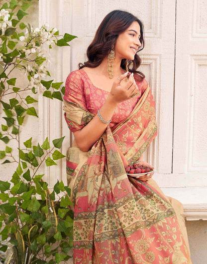 Beige Shimmer Silk Printed Kalamkari Saree 