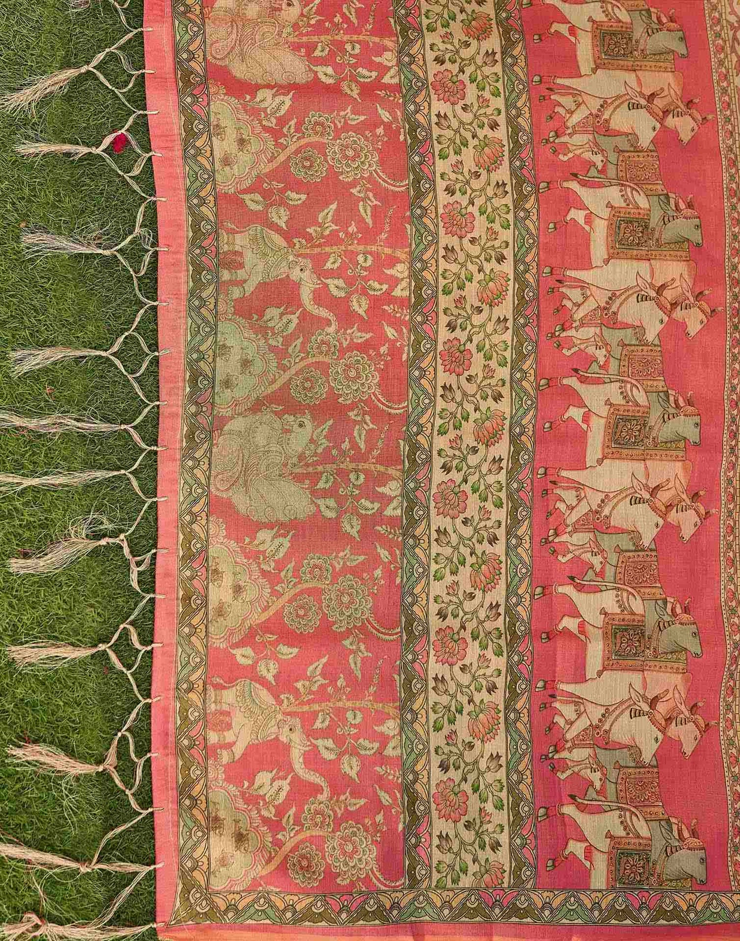 Beige Shimmer Silk Printed Kalamkari Saree 