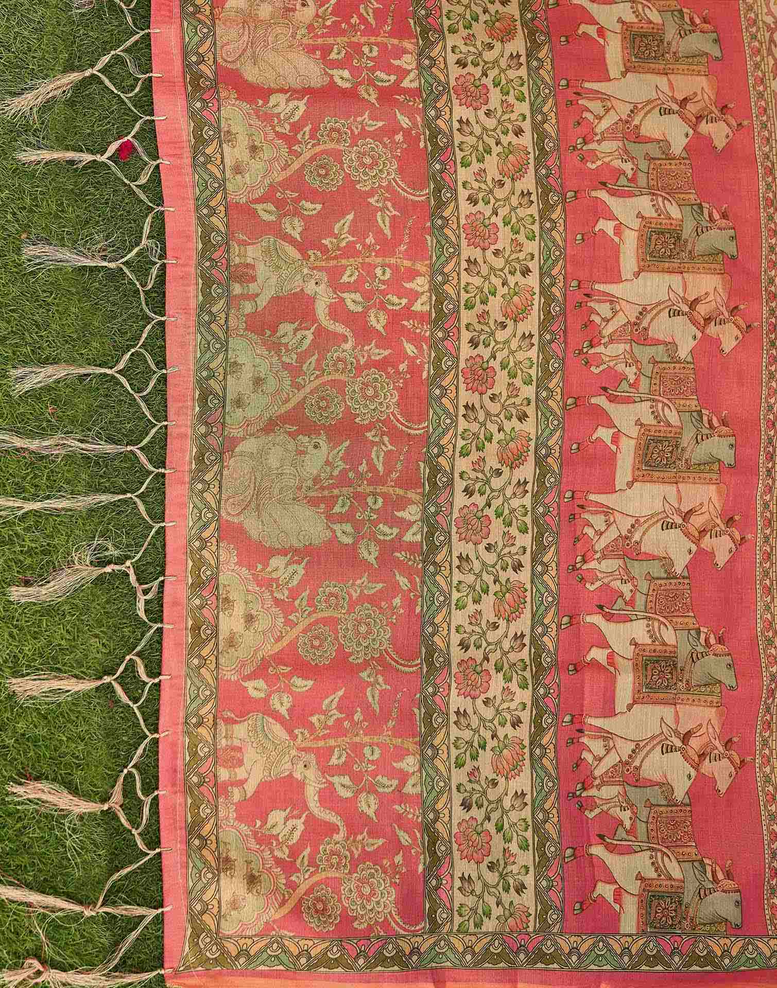 Beige Shimmer Silk Printed Kalamkari Saree 