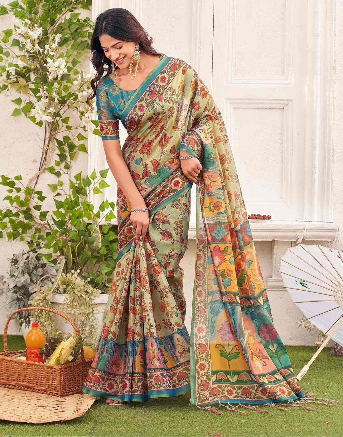 Beige Shimmer Silk Printed Kalamkari Saree 