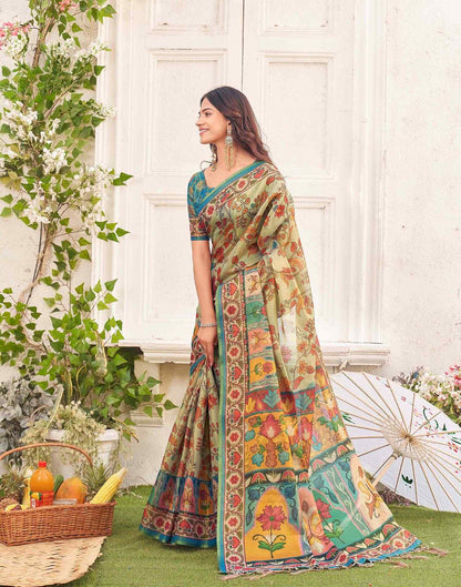 Beige Shimmer Silk Printed Kalamkari Saree 