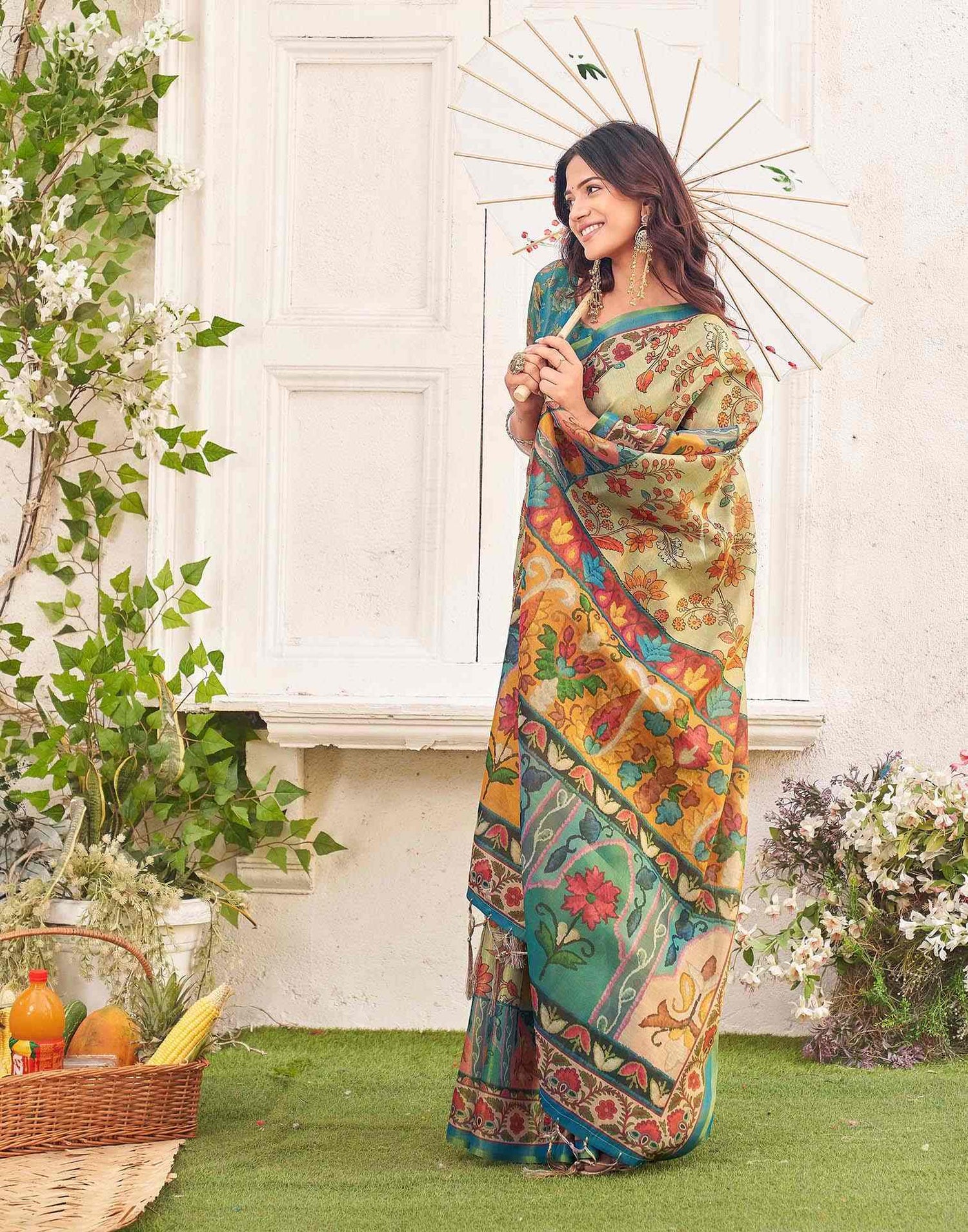 Beige Shimmer Silk Printed Kalamkari Saree 