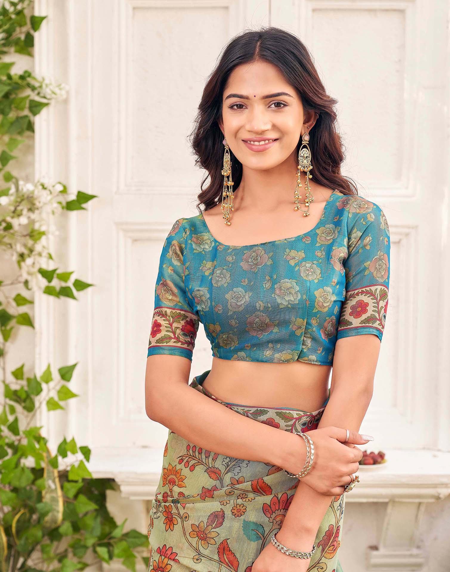 Beige Shimmer Silk Printed Kalamkari Saree 