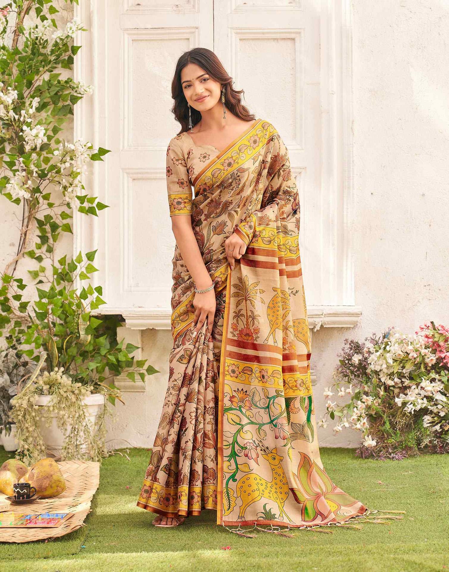 Golden Shimmer Silk Printed Kalamkari Saree 