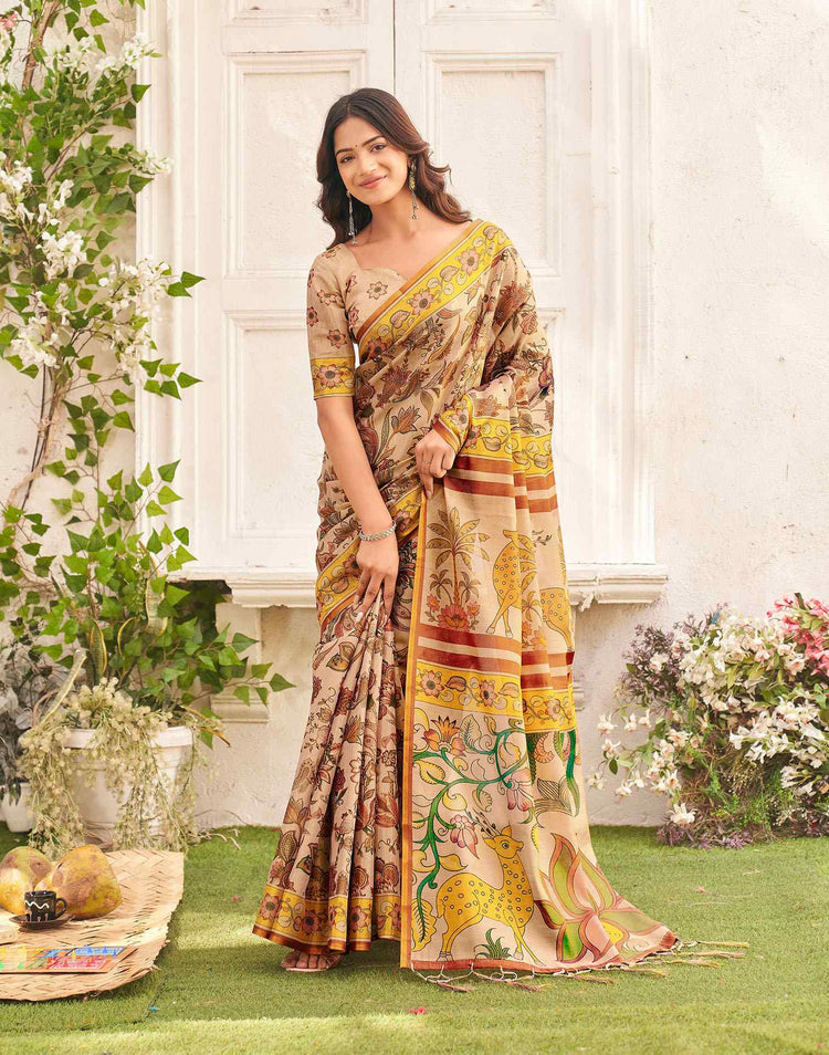 Golden Shimmer Silk Printed Kalamkari Saree 