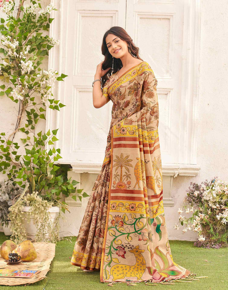 Golden Shimmer Silk Printed Kalamkari Saree 