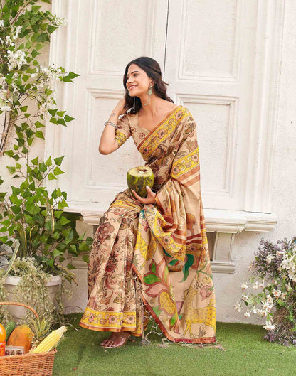 Golden Shimmer Silk Printed Kalamkari Saree 