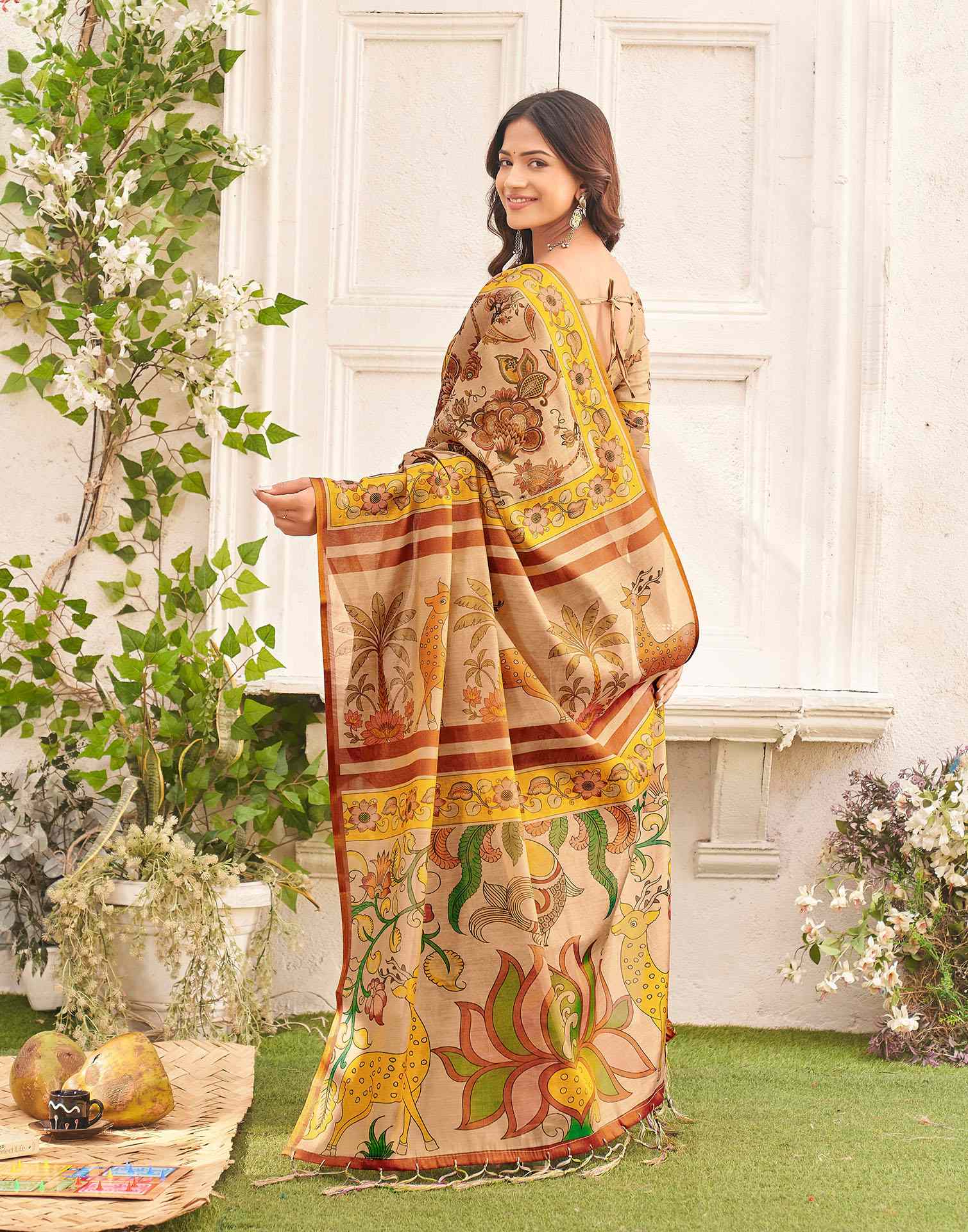 Golden Shimmer Silk Printed Kalamkari Saree 
