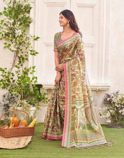 Dark Beige Shimmer Silk Printed Kalamkari Saree 