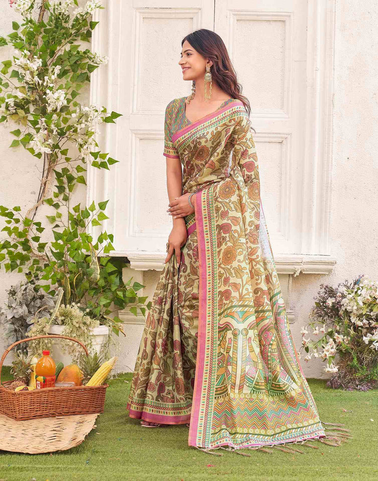 Dark Beige Shimmer Silk Printed Kalamkari Saree 