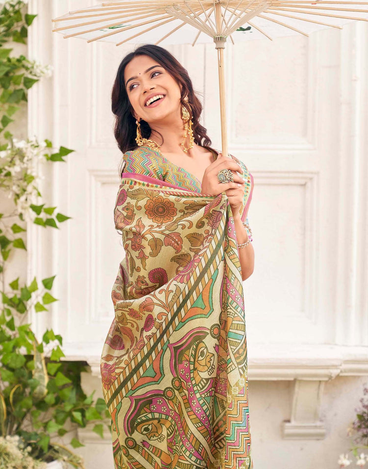 Dark Beige Shimmer Silk Printed Kalamkari Saree 
