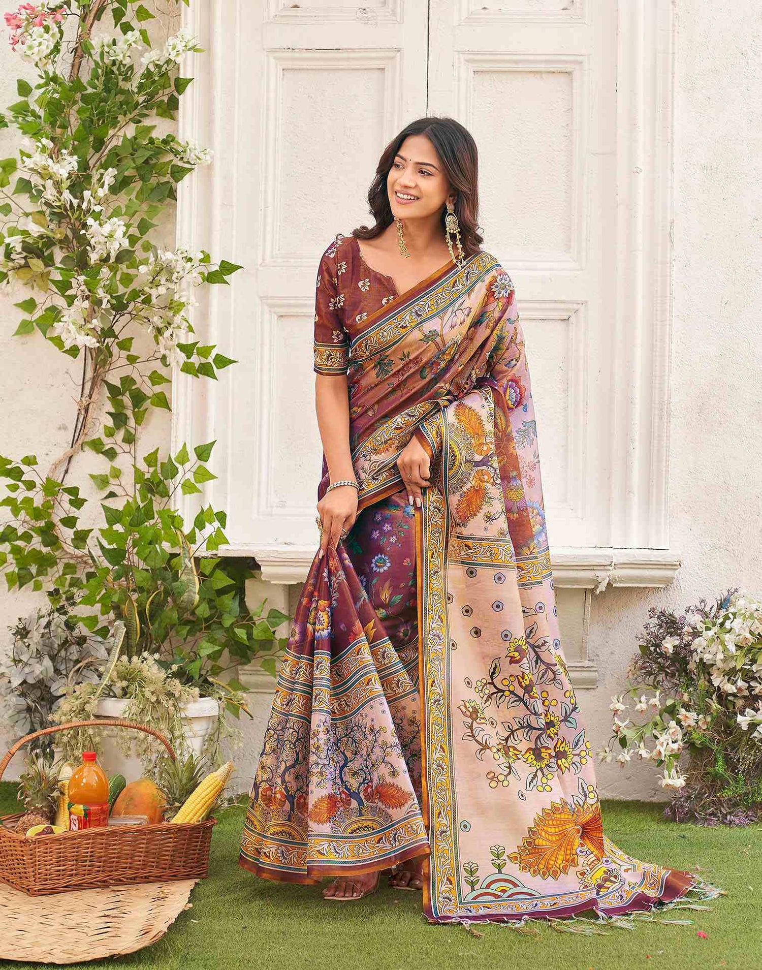 Brown Shimmer Silk Printed Kalamkari Saree 