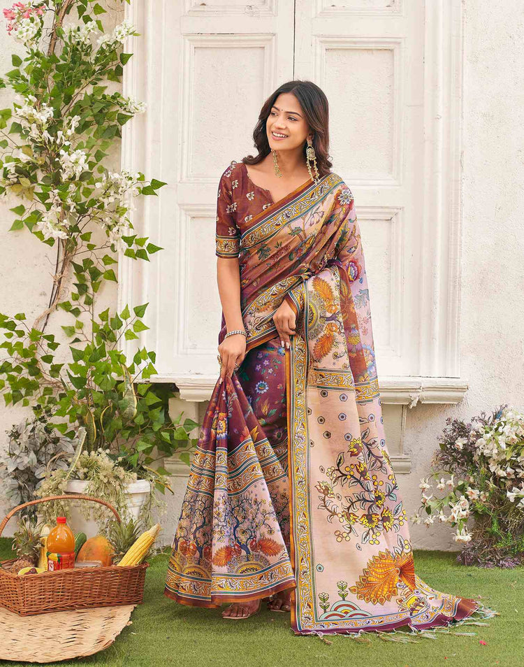 Brown Shimmer Silk Printed Kalamkari Saree 