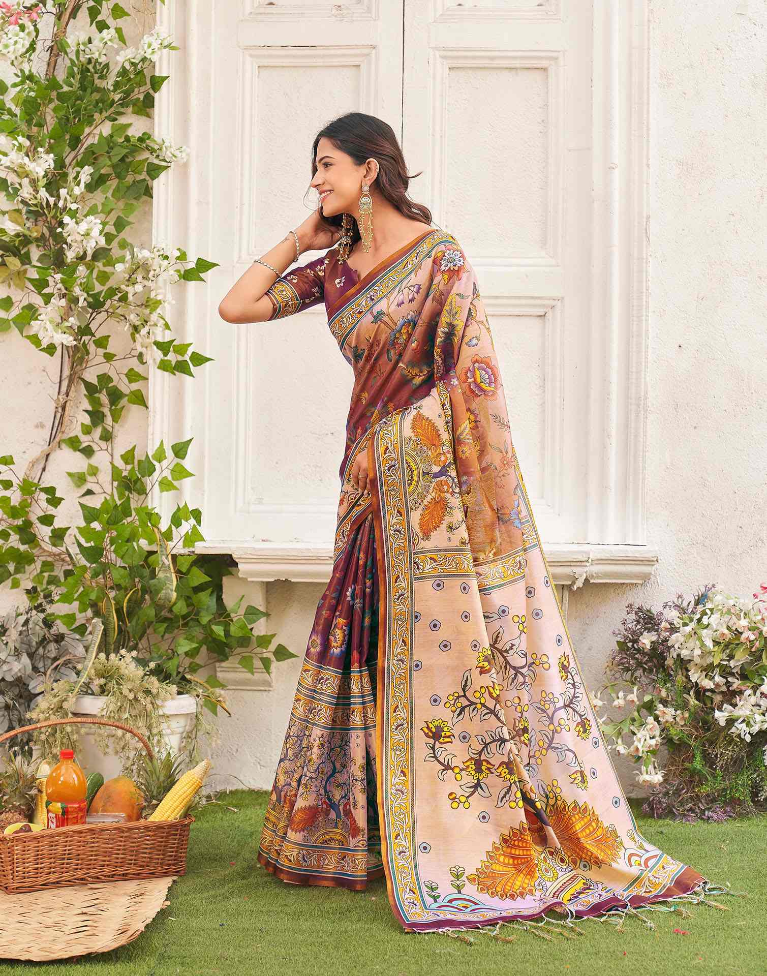 Brown Shimmer Silk Printed Kalamkari Saree 