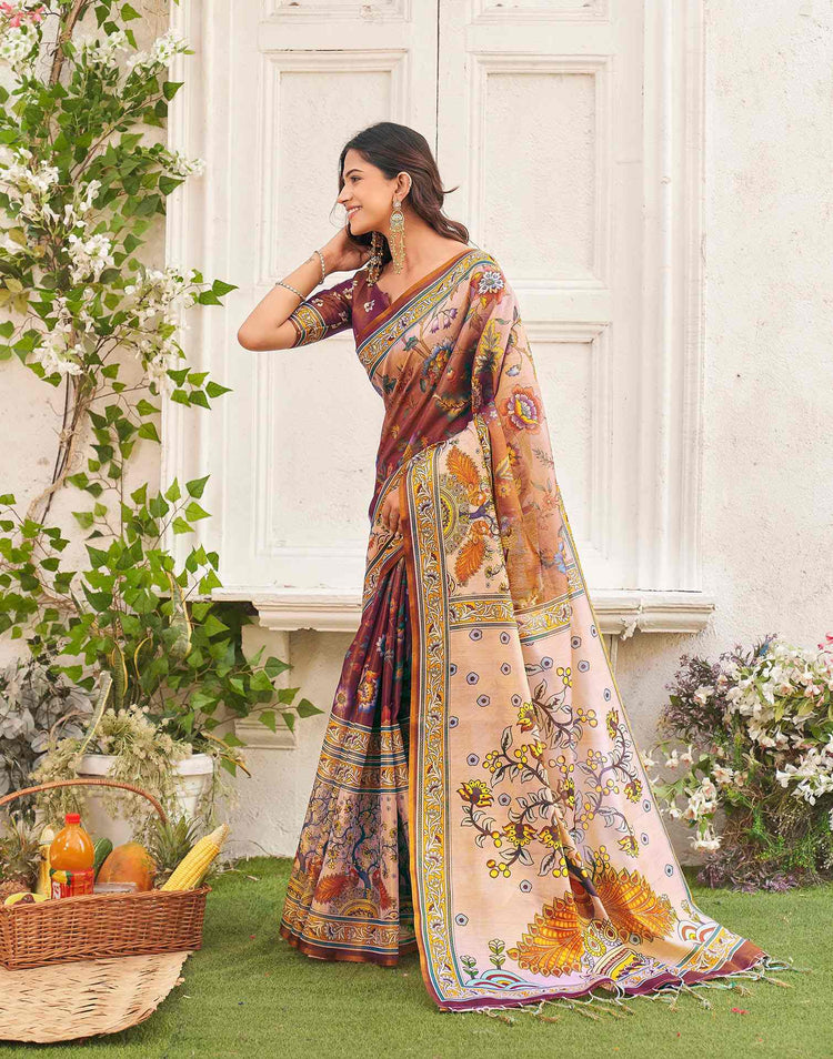 Brown Shimmer Silk Printed Kalamkari Saree 