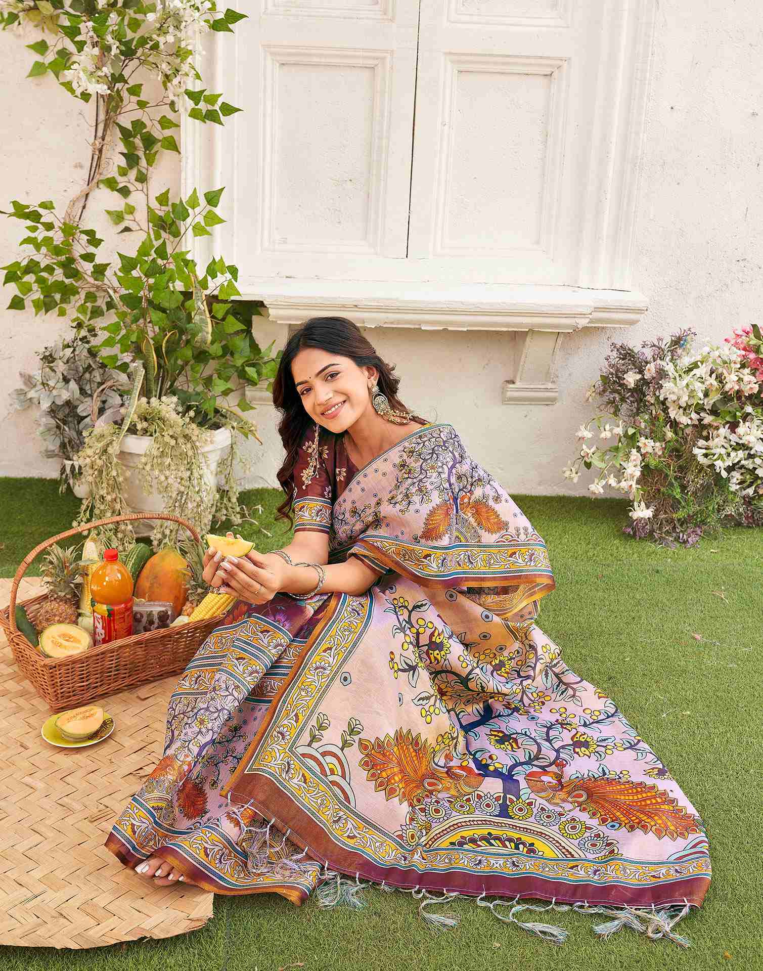 Brown Shimmer Silk Printed Kalamkari Saree 