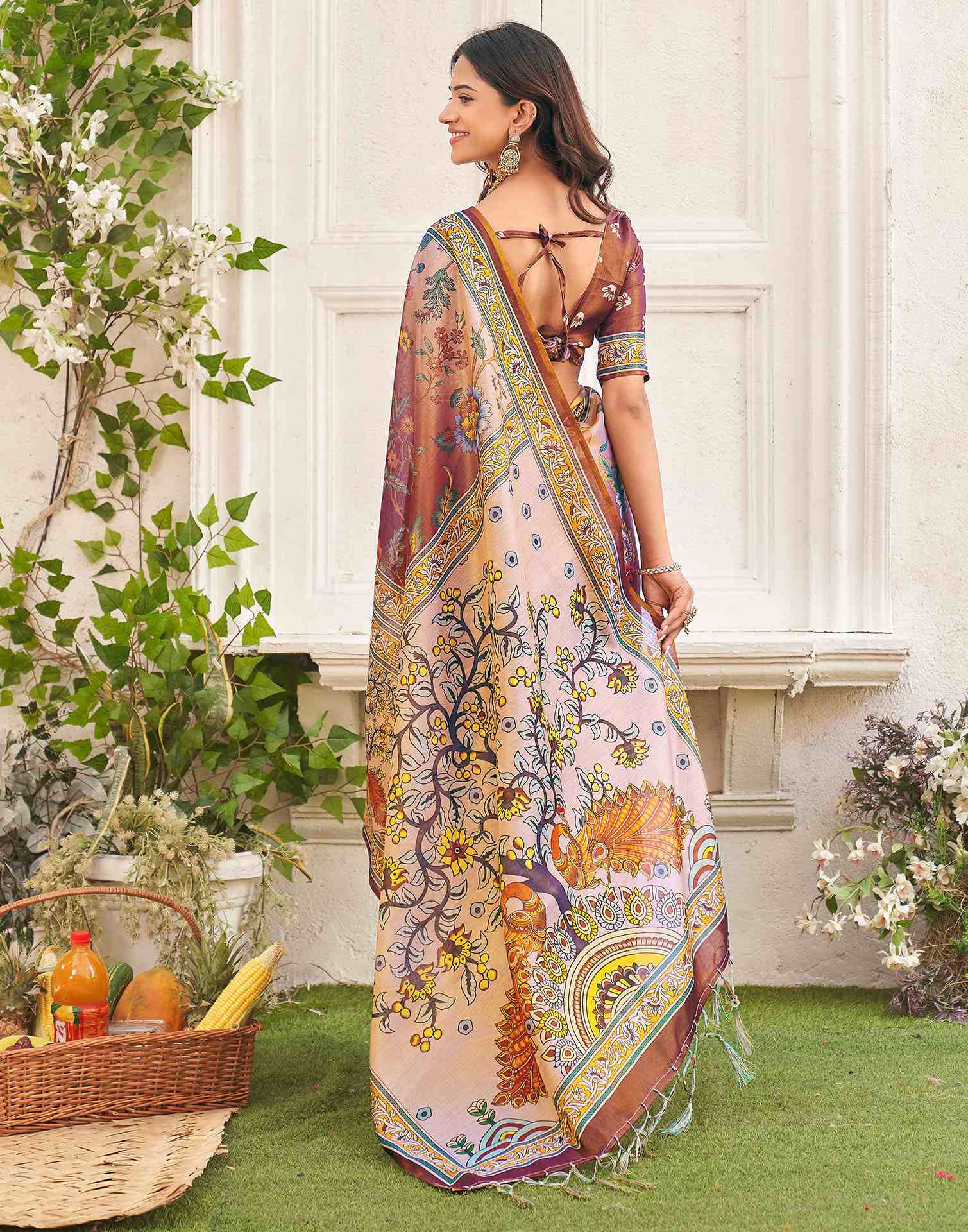 Brown Shimmer Silk Printed Kalamkari Saree 