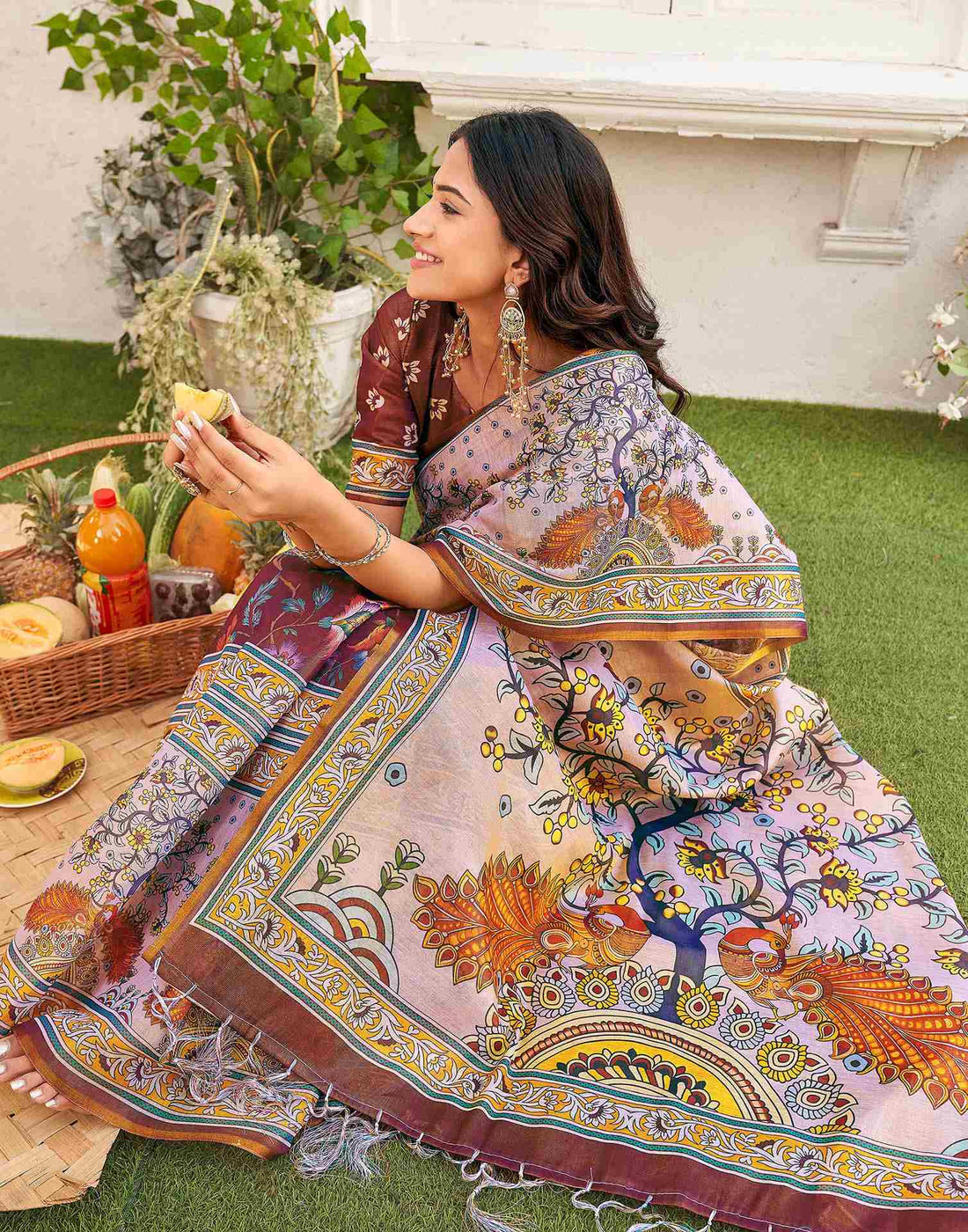 Brown Shimmer Silk Printed Kalamkari Saree 