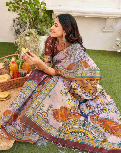 Brown Shimmer Silk Printed Kalamkari Saree 