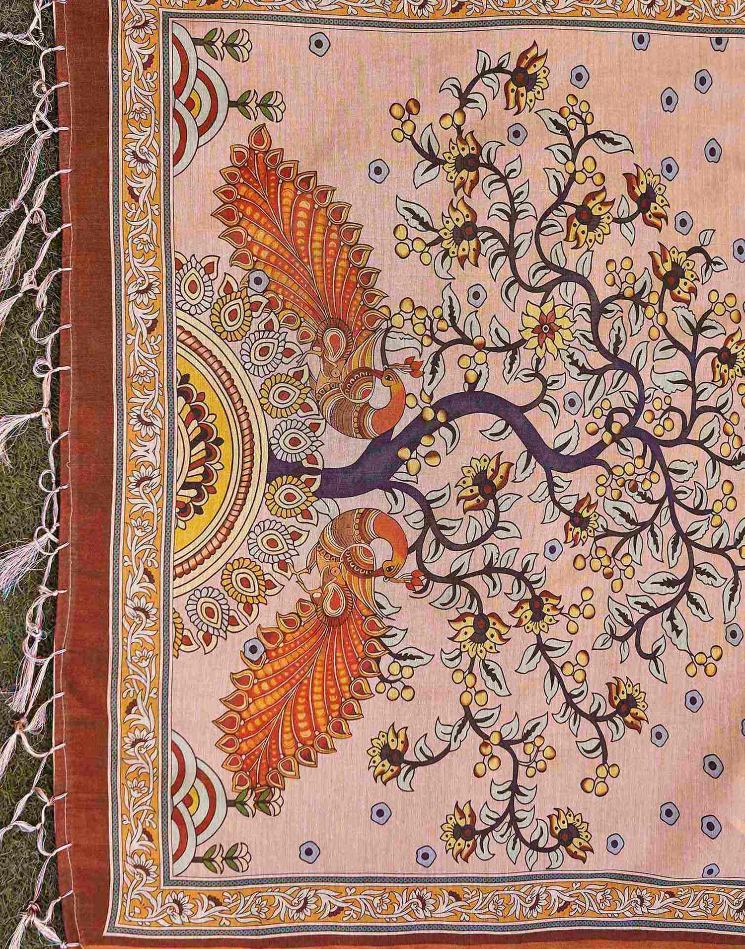 Brown Shimmer Silk Printed Kalamkari Saree 