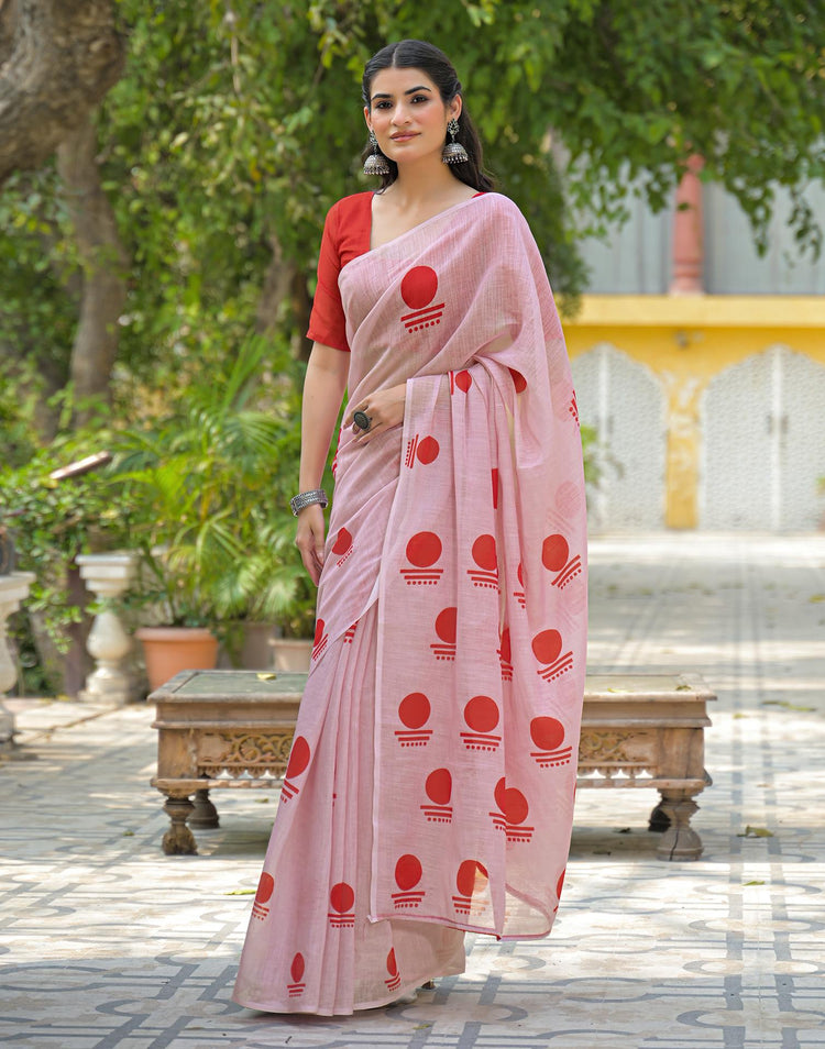Light Pink Linen Printed Saree