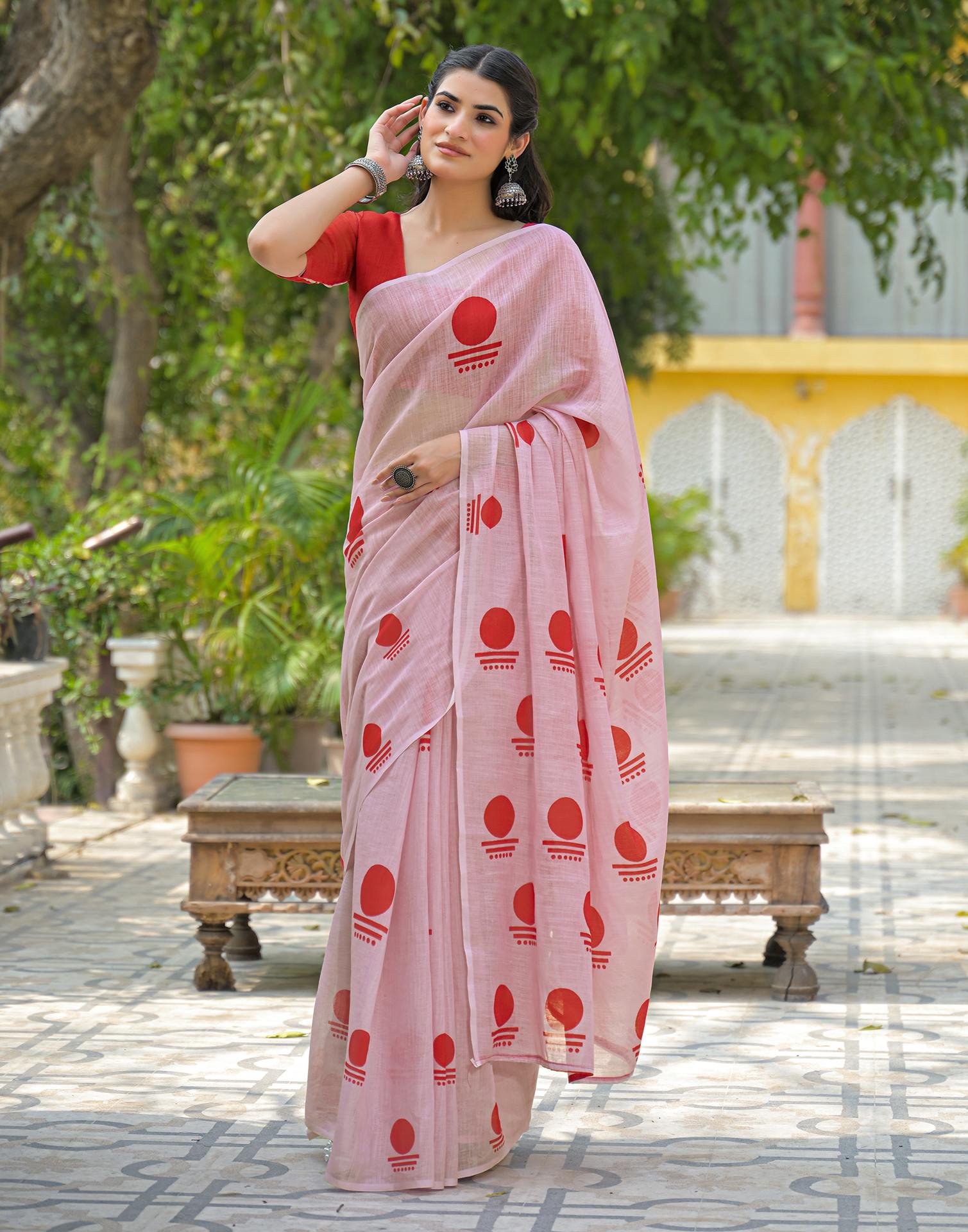 Light Pink Linen Printed Saree