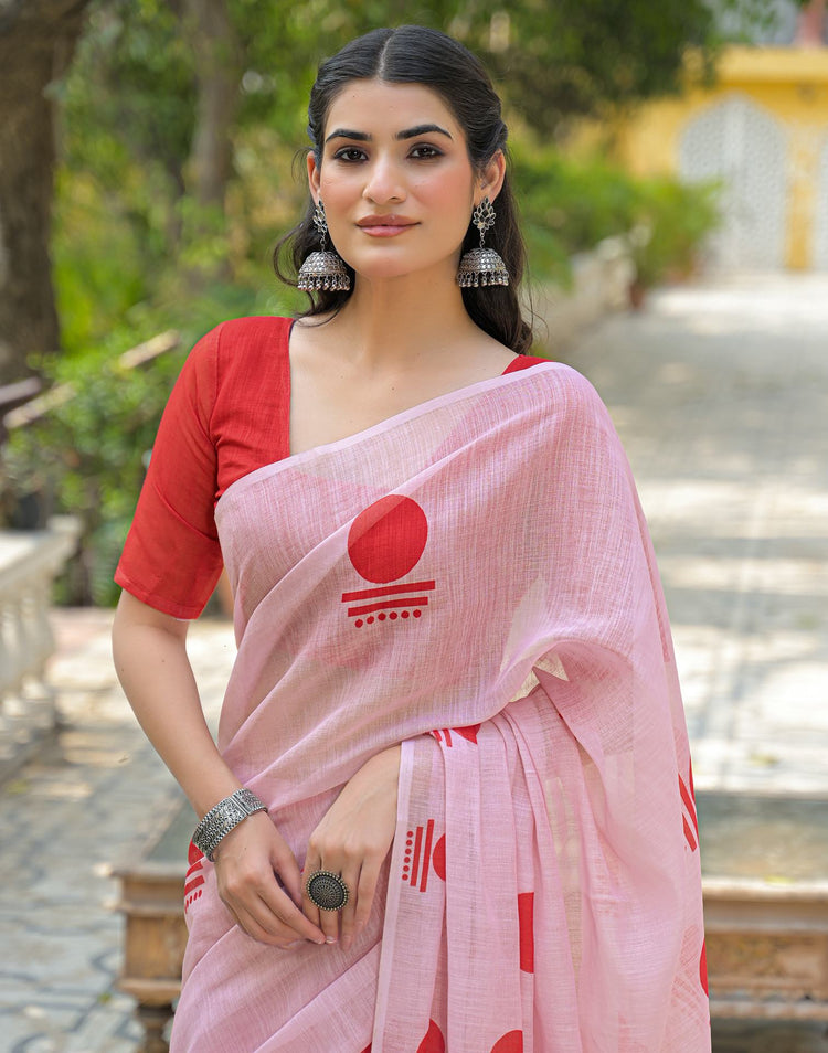 Light Pink Linen Printed Saree