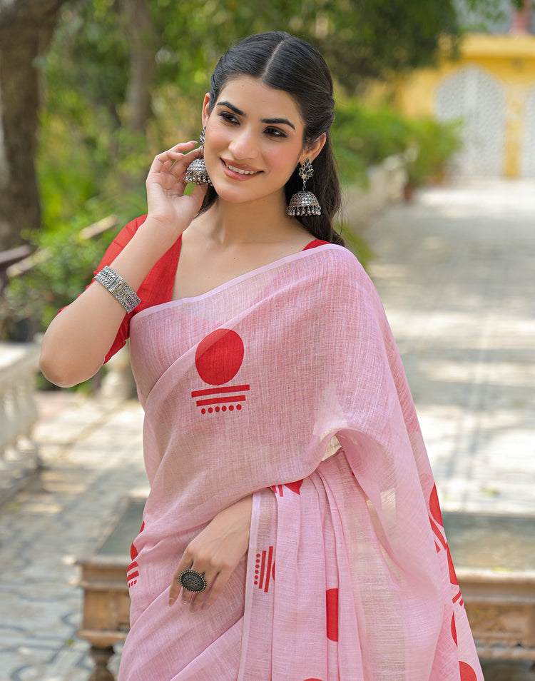 Light Pink Linen Printed Saree