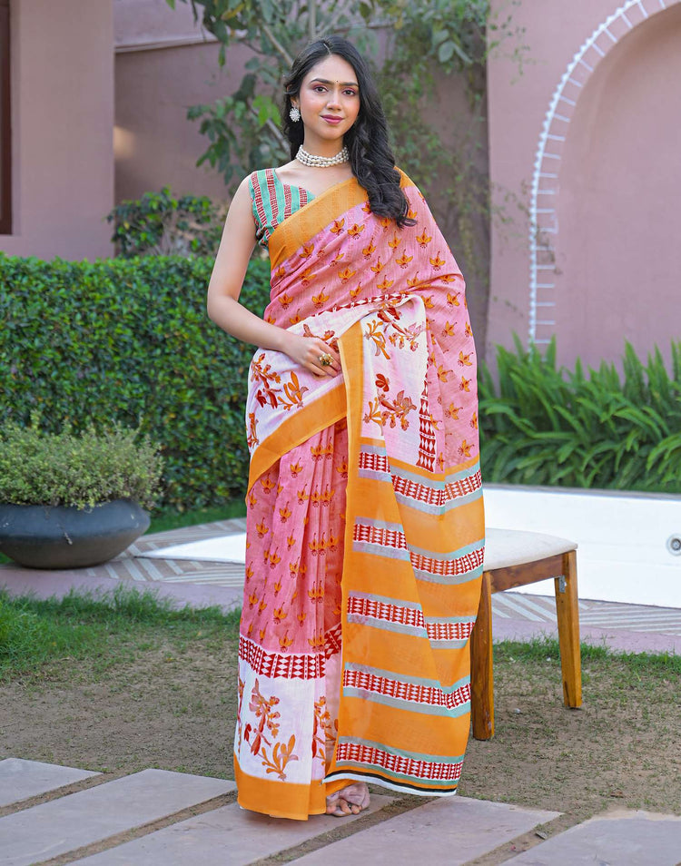 Light Pink Linen Printed Saree