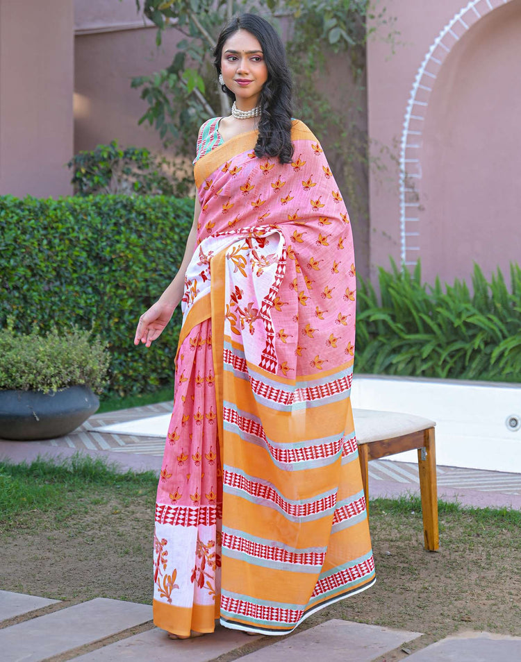 Light Pink Linen Printed Saree