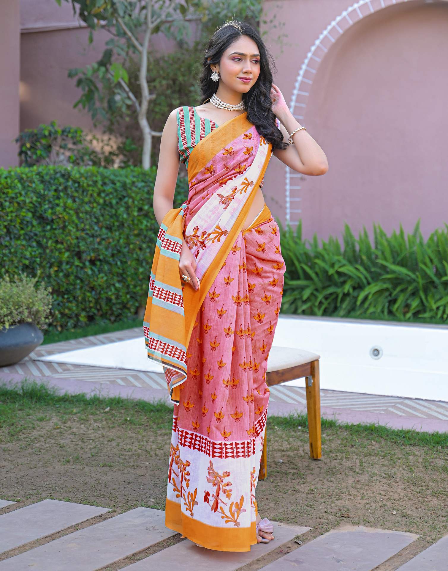 Light Pink Linen Printed Saree