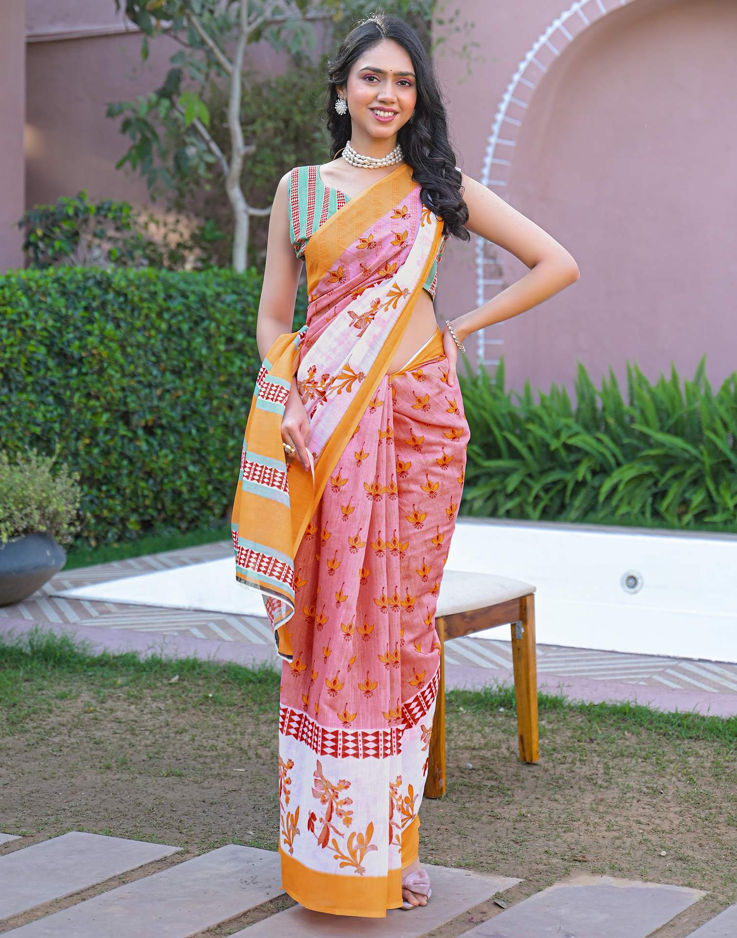Light Pink Linen Printed Saree