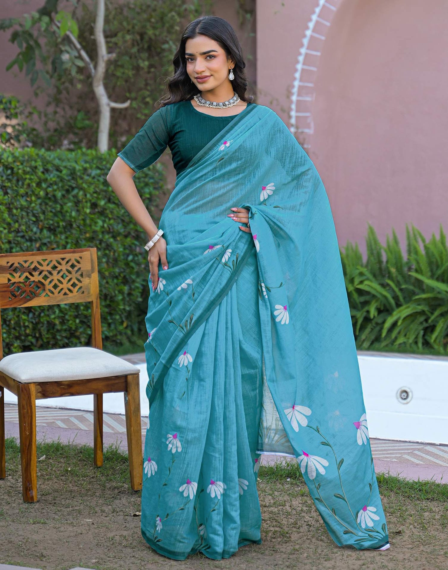 Sky Blue Linen Printed Saree