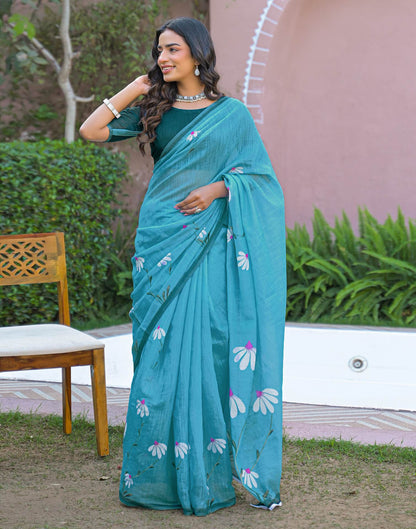 Sky Blue Linen Printed Saree