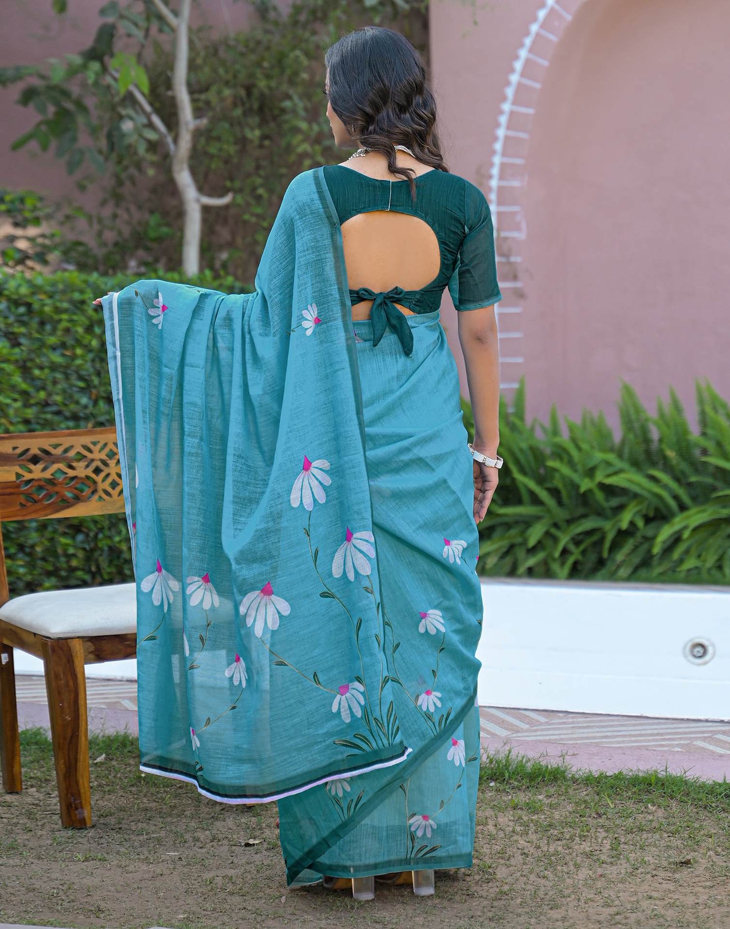 Sky Blue Linen Printed Saree