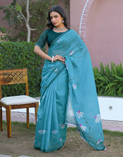 Sky Blue Linen Printed Saree