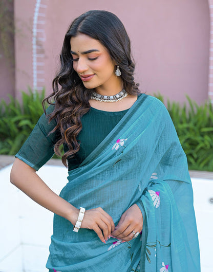 Sky Blue Linen Printed Saree