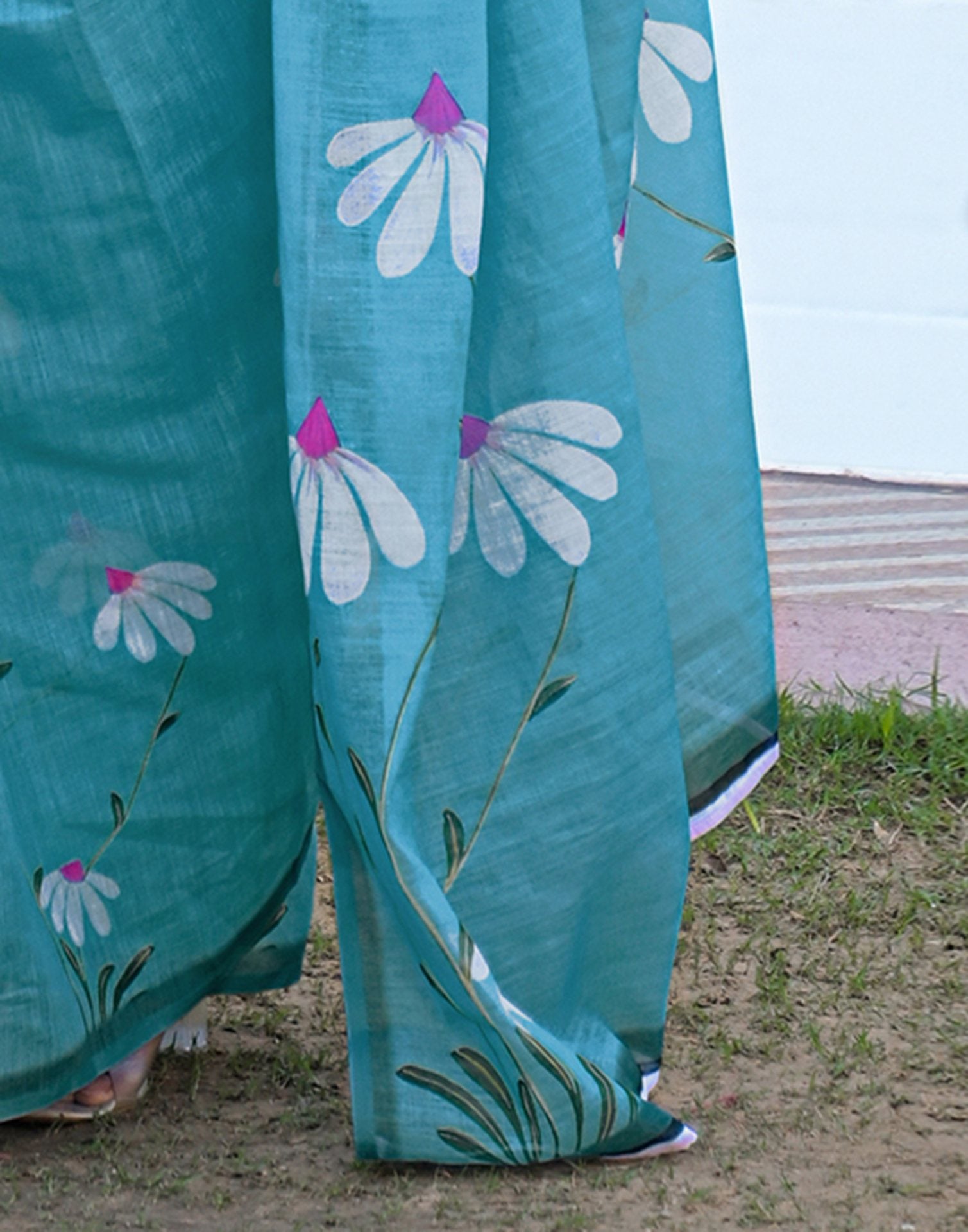 Sky Blue Linen Printed Saree