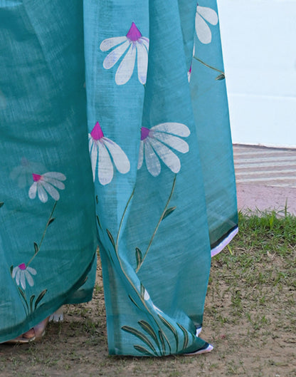 Sky Blue Linen Printed Saree